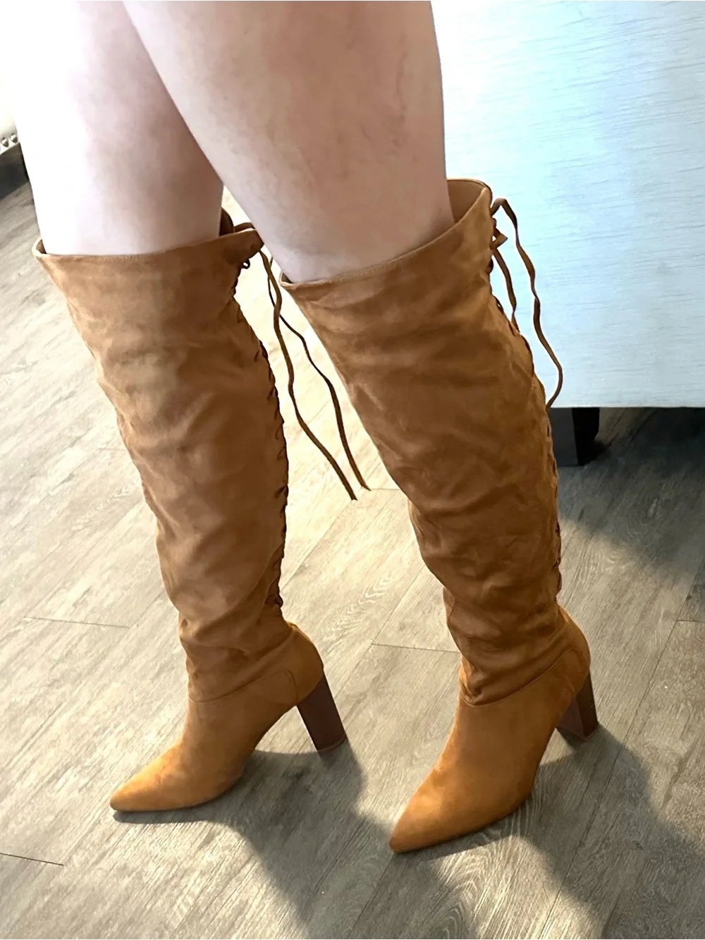 Women's Tall Suede Pointed-Toe Block Heel Boots - Tan
